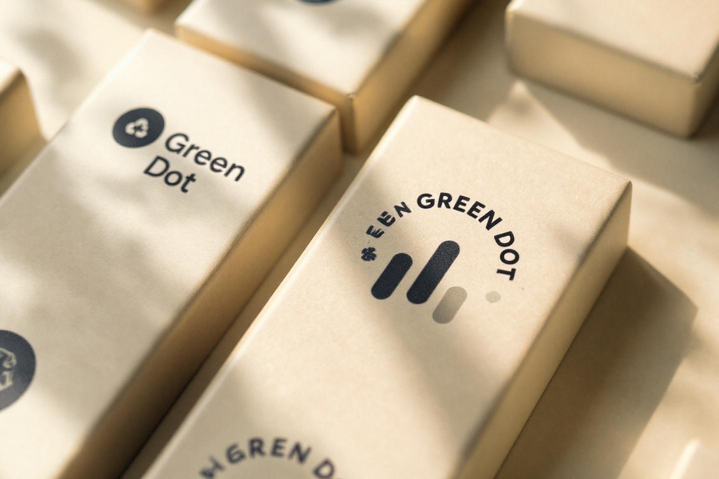 Bo&icirc;tes blanches avec logo Green Dot et graphisme minimaliste