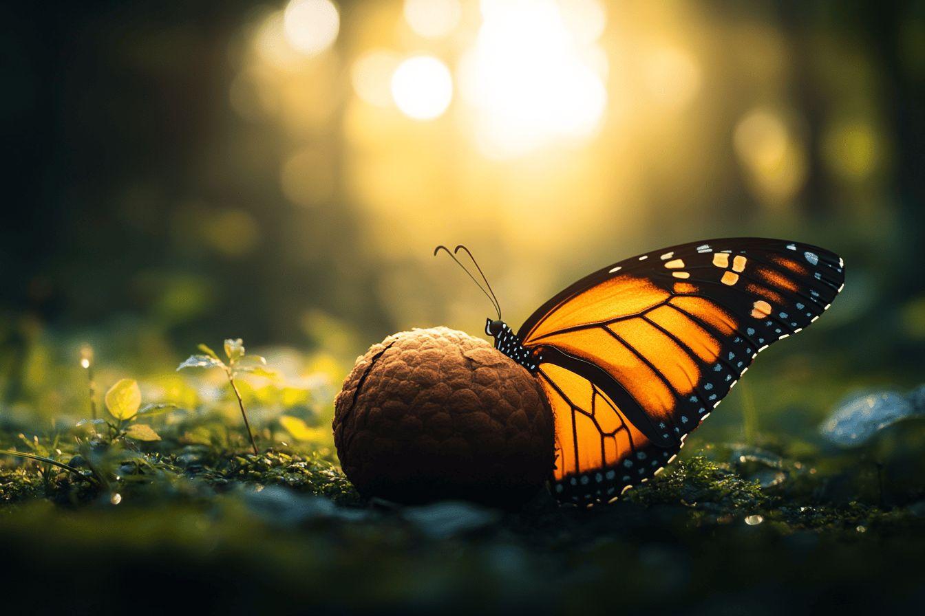 Papillon orange sur un gland dans une for&ecirc;t lumineuse