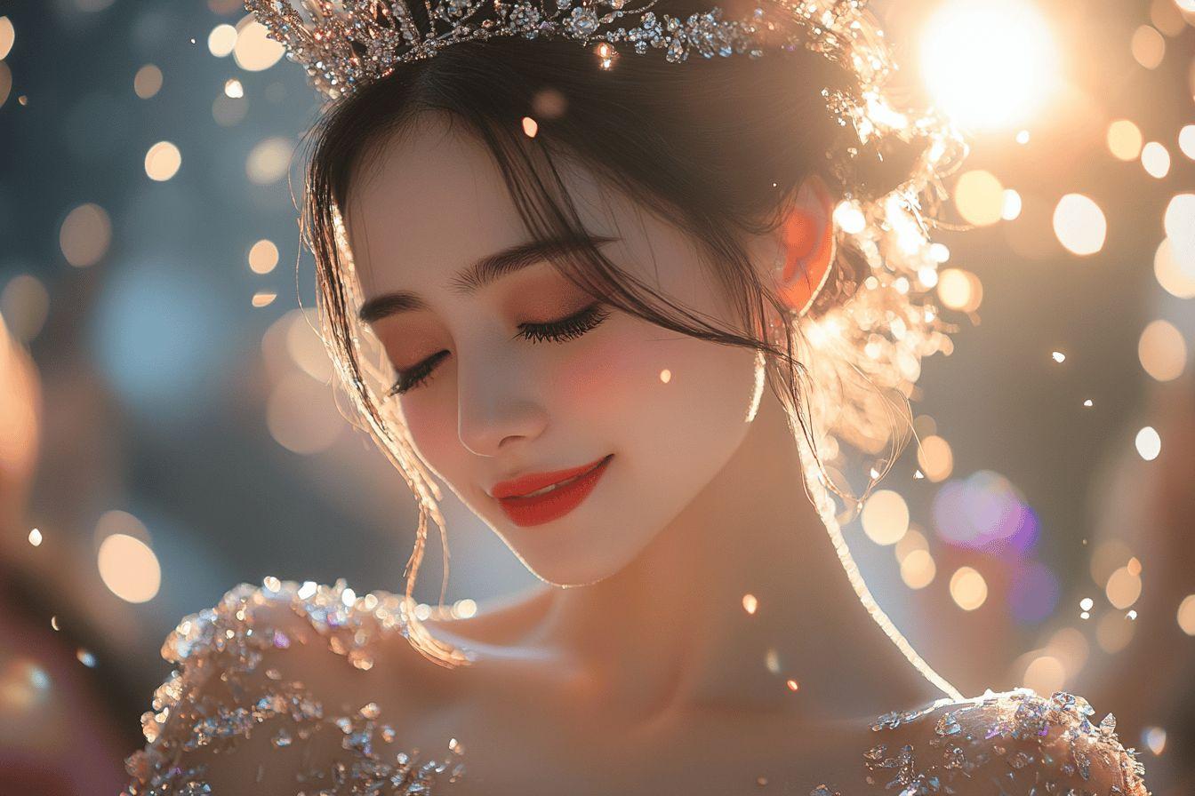 Couronne scintillante, regard ferm&eacute;, beaut&eacute; d&eacute;licate et lumineuse