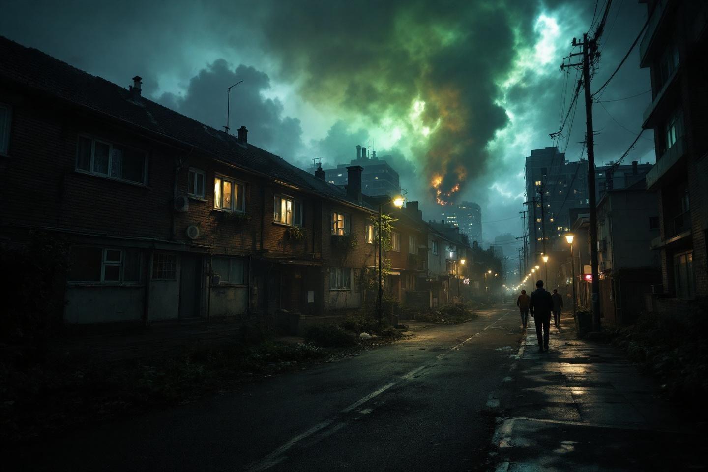Rue sombre avec immeubles, silhouettes et ciel apocalyptique verdâtre