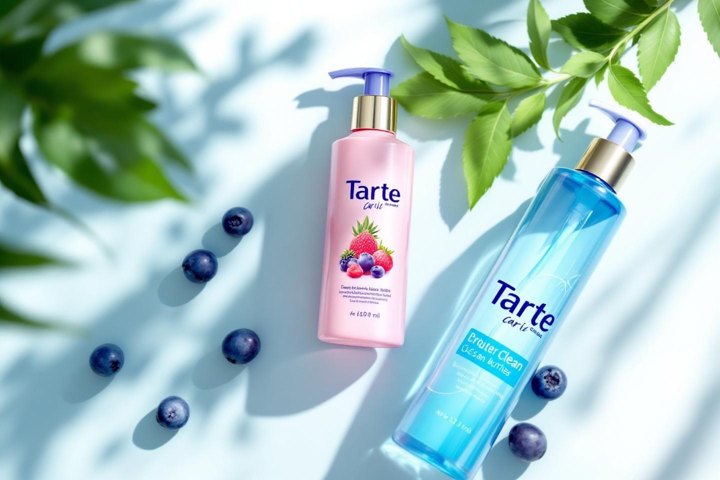 Flacons de cosm&eacute;tiques roses et bleus avec des myrtilles