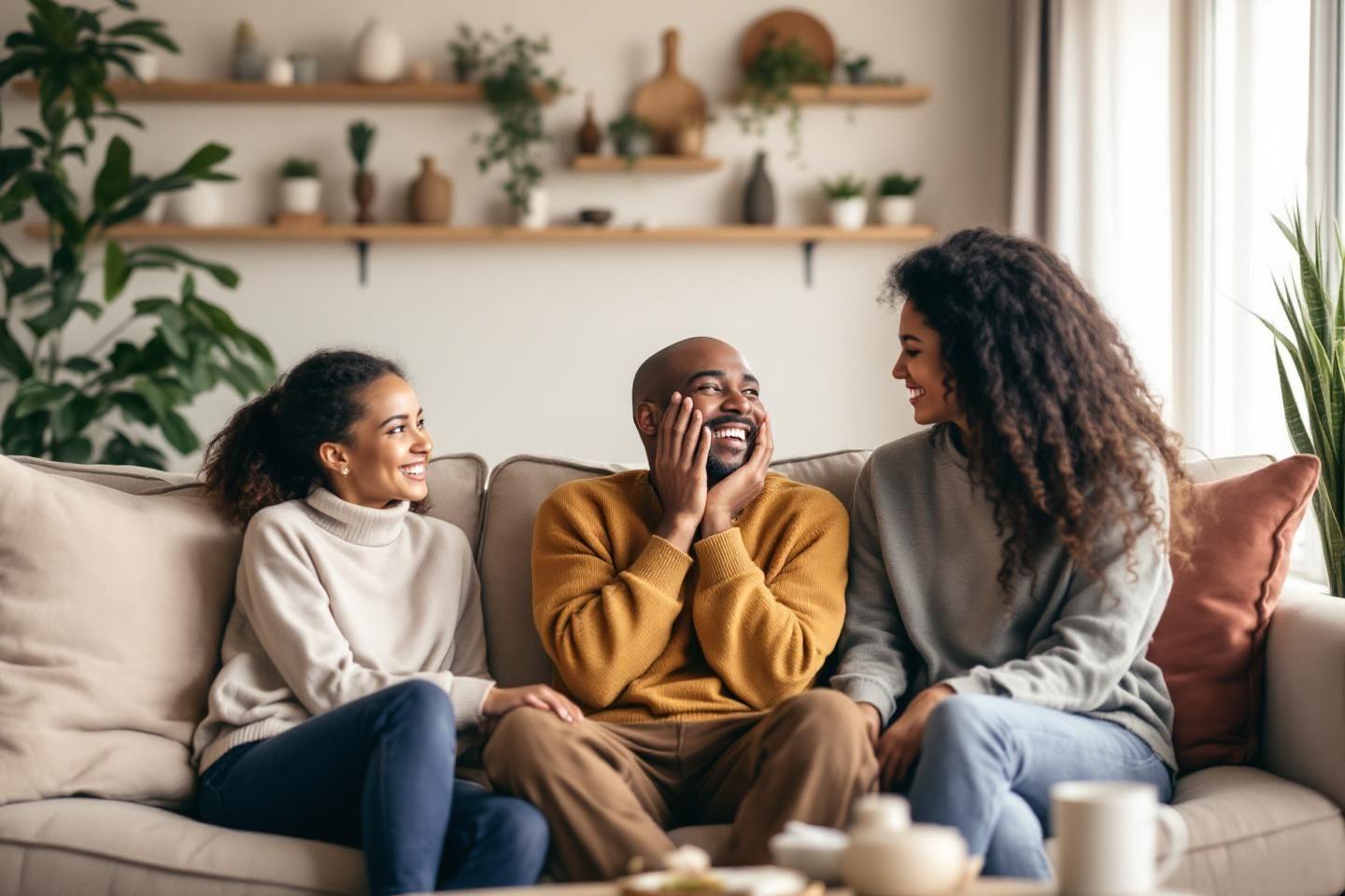 Trois personnes souriant sur un canap&eacute; beige