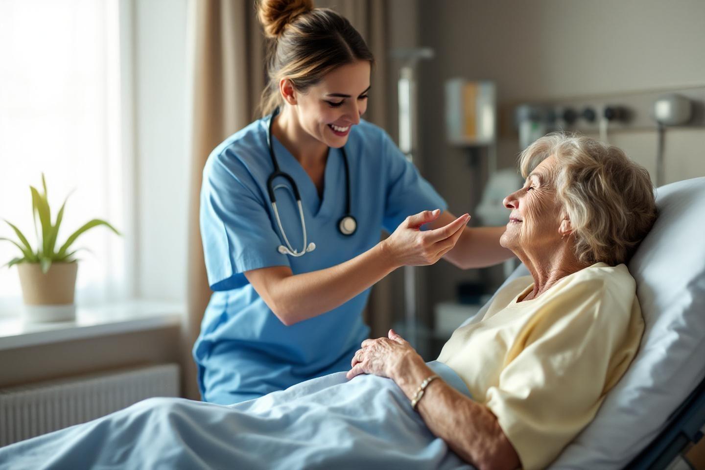 Infirmi&egrave;re souriante r&eacute;confortant une patiente &acirc;g&eacute;e dans un lit d'h&ocirc;pital