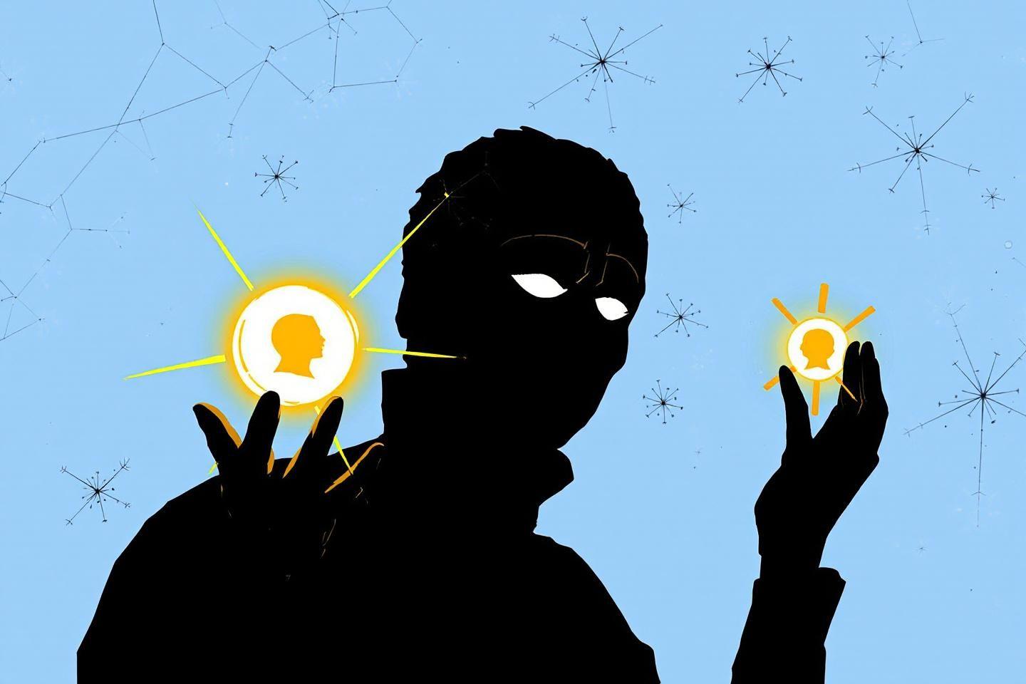 Silhouette noire manipulant des ic&ocirc;nes de profil lumineux