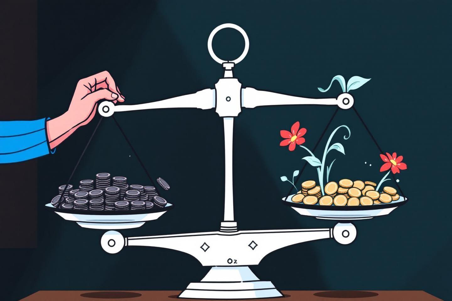 Balance montrant des pi&egrave;ces et des fleurs, symbolisant l'harmonie