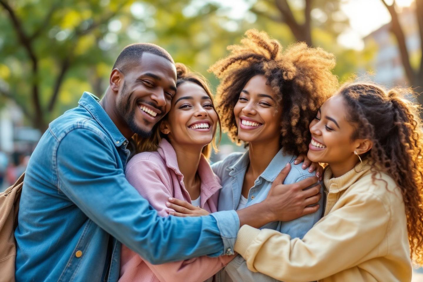 Groupe d'amis souriant et s'embrassant dans un parc