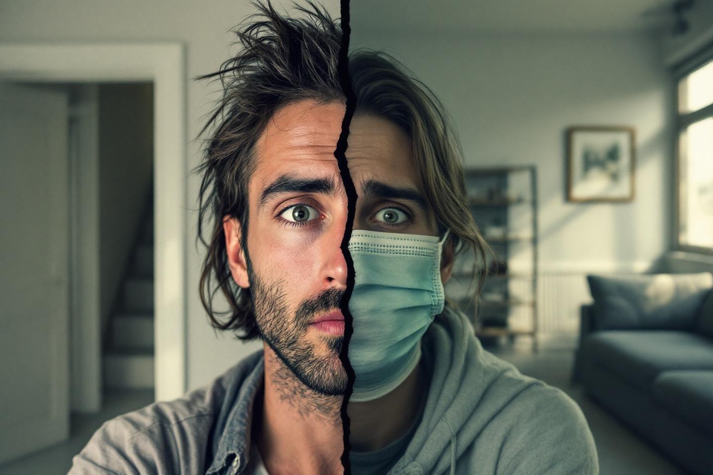 Portrait divisé d'une personne avec masque médical