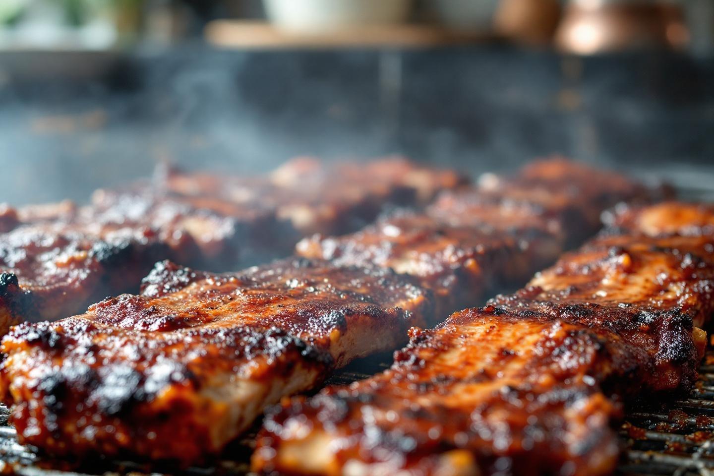 C&ocirc;tes de porc caram&eacute;lis&eacute;es et fumantes sur un grill