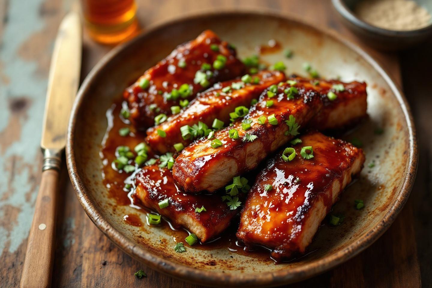Viande brune brillante avec garniture verte sur assiette