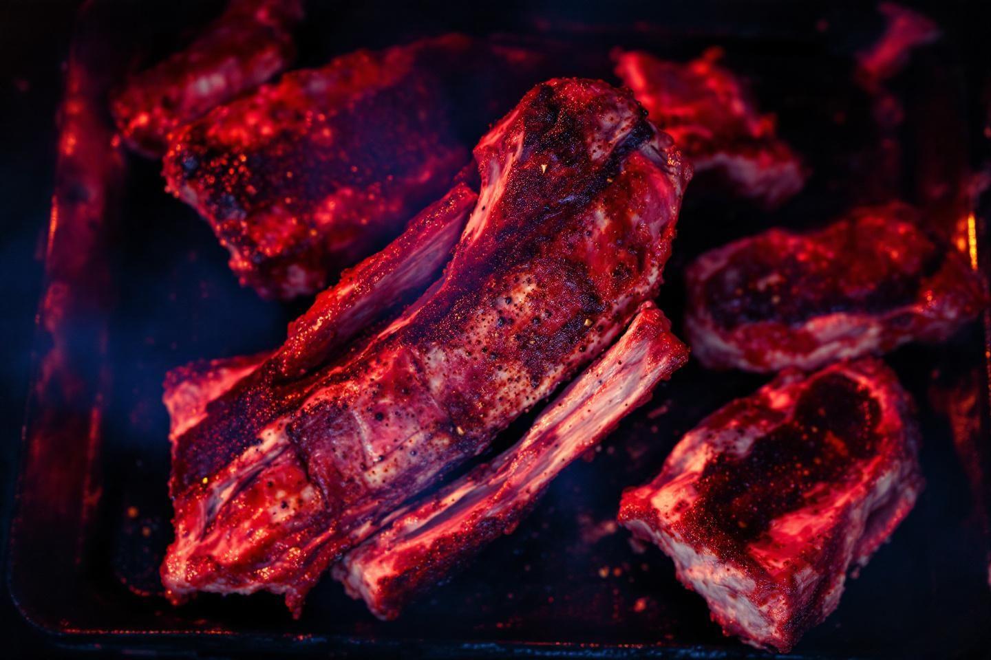 Viande rouge grill&eacute;e sur fond sombre et rouge