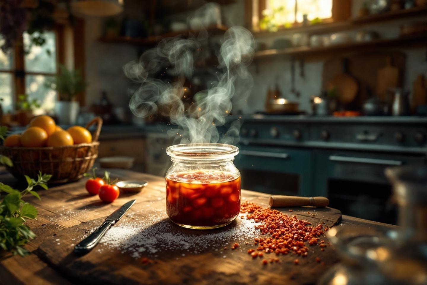 Pot de sauce tomate fumante sur une planche en bois rustique