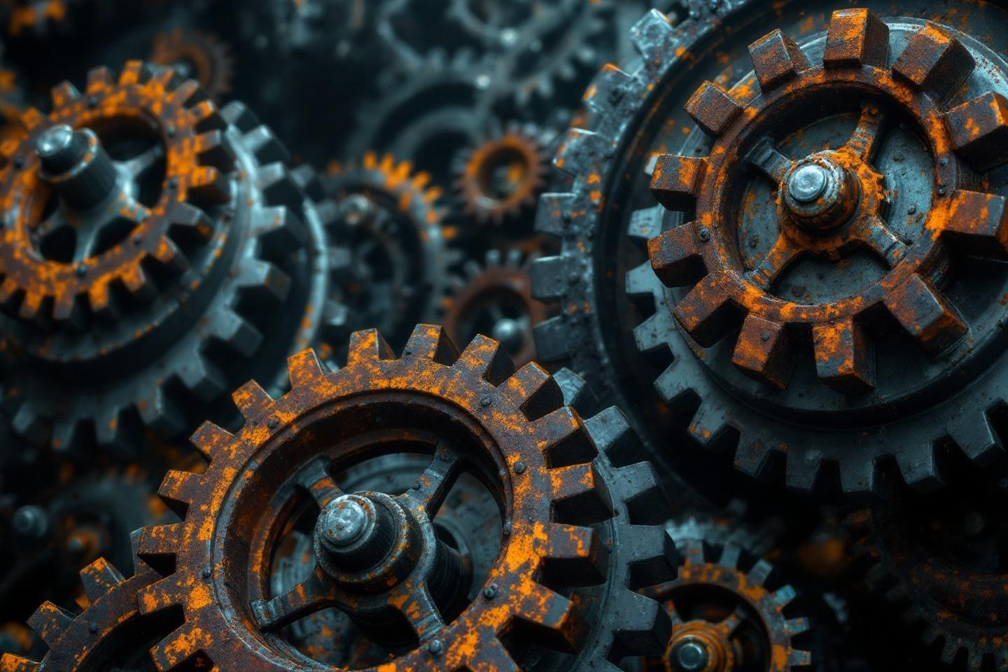 M&eacute;canisme industriel ancien avec rouages m&eacute;talliques corrod&eacute;s