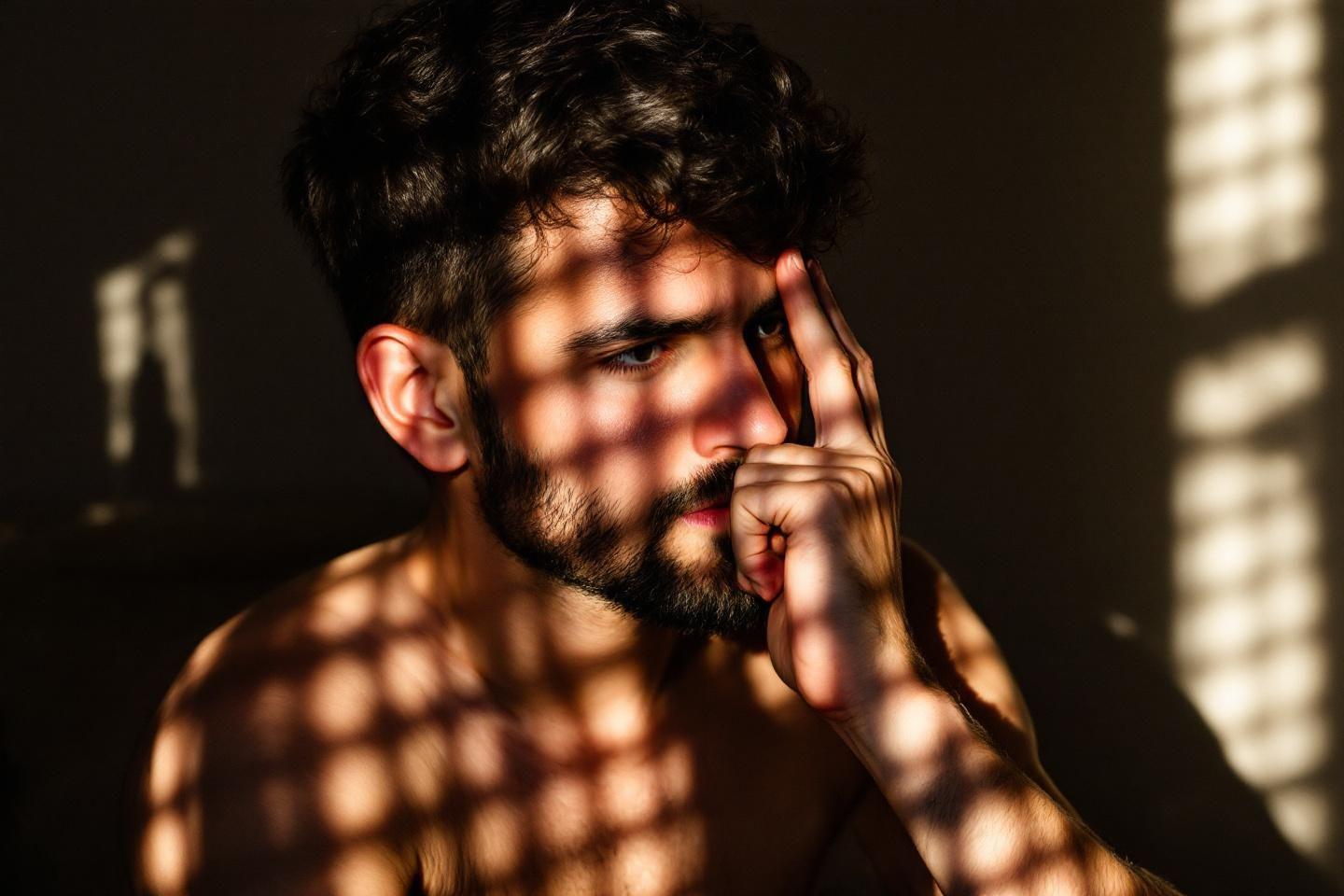 Silhouette masculine dans une lumière rayée dramatique