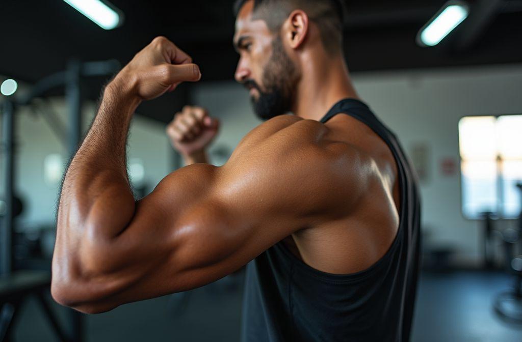Athlète montrant ses biceps musclés dans un gymnase