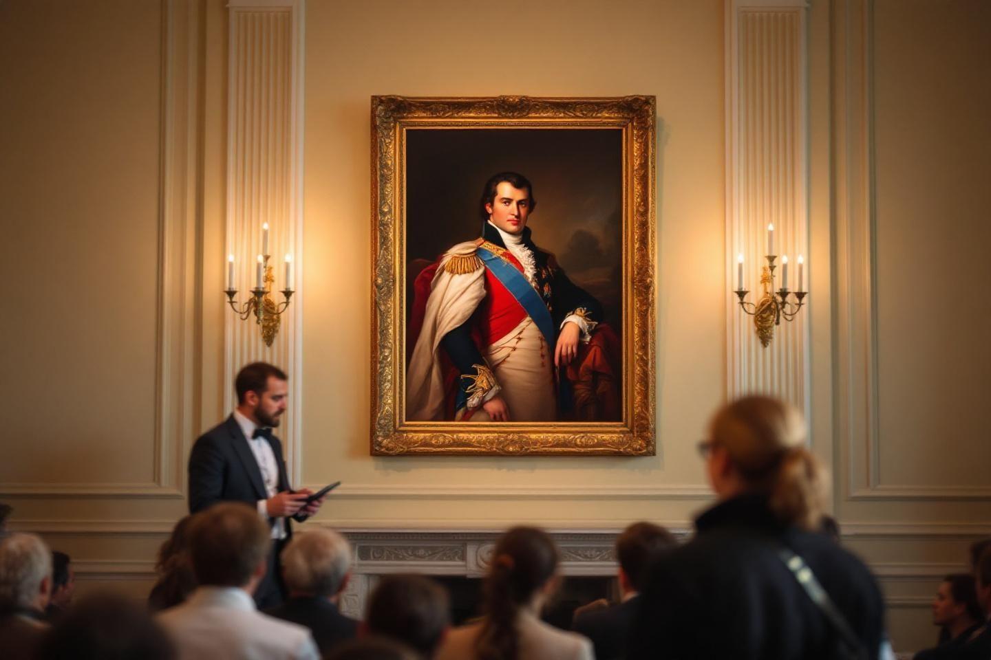 Portrait de noble dans un cadre doré avec auditoire
