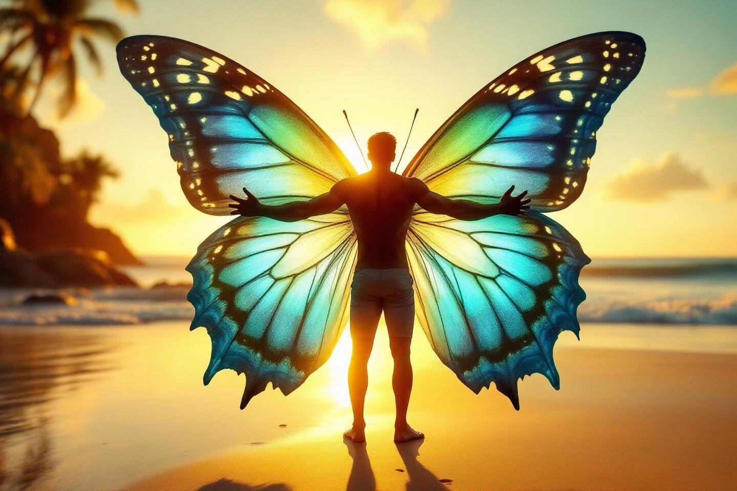 Silhouette avec ailes de papillon sur une plage tropicale