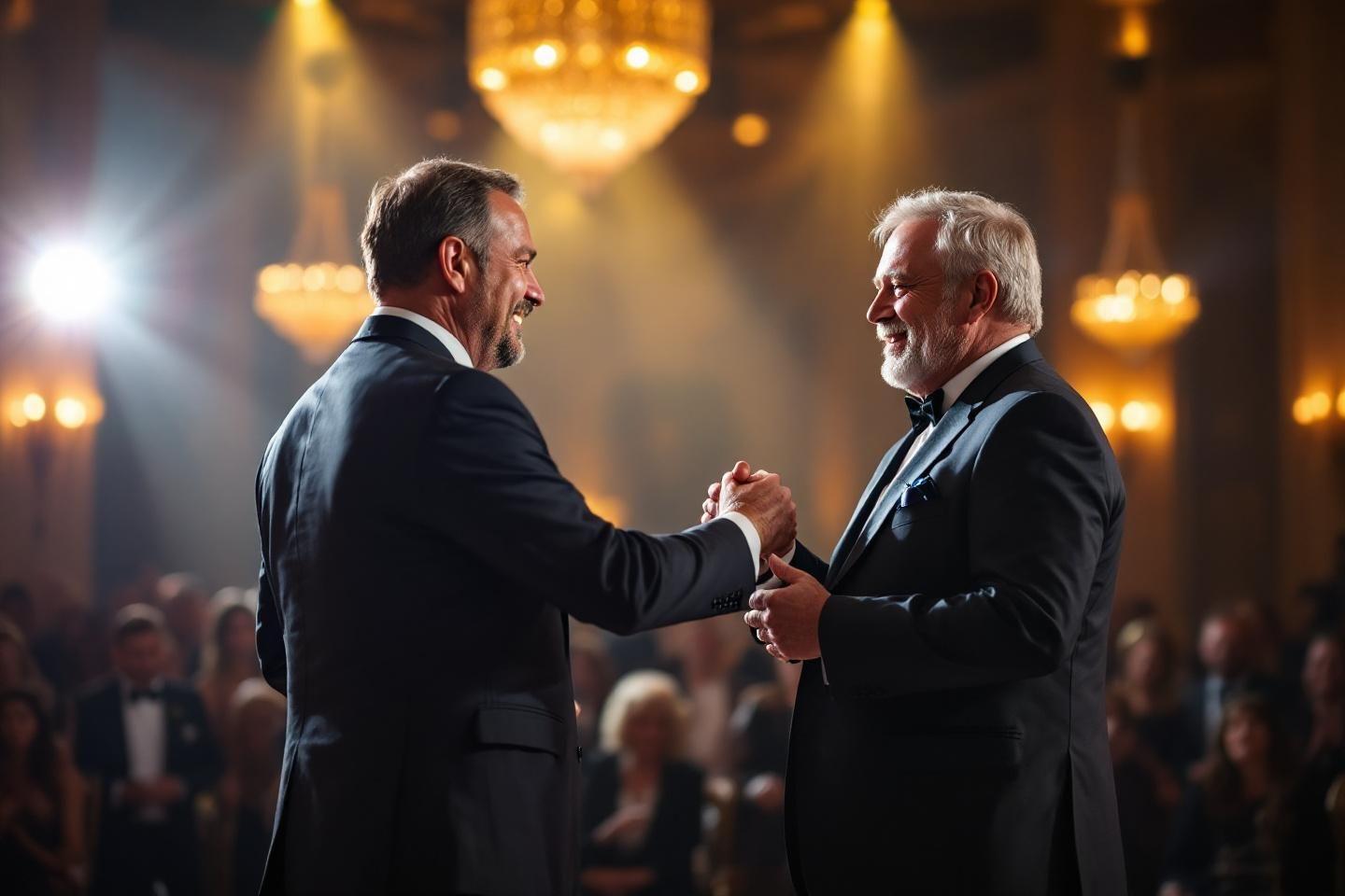 Deux hommes en smoking se serrant la main sous un lustre