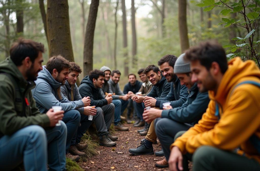 Hommes assis en cercle dans une forêt brumeuse