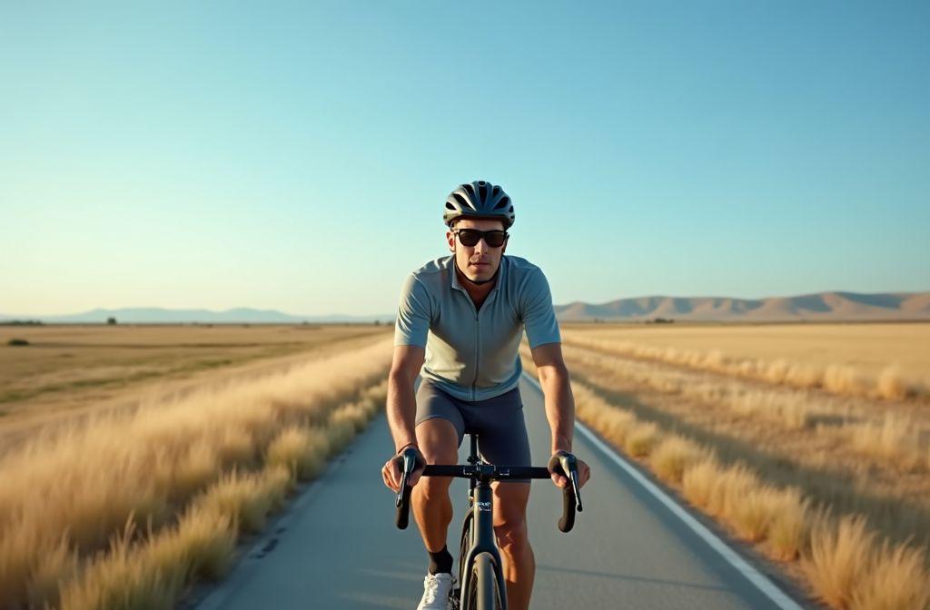 Cycliste sur route avec montagnes et champs en arrière-plan
