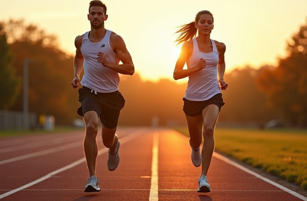 Deux athl&egrave;tes courant ensemble sur une piste d'athl&eacute;tisme