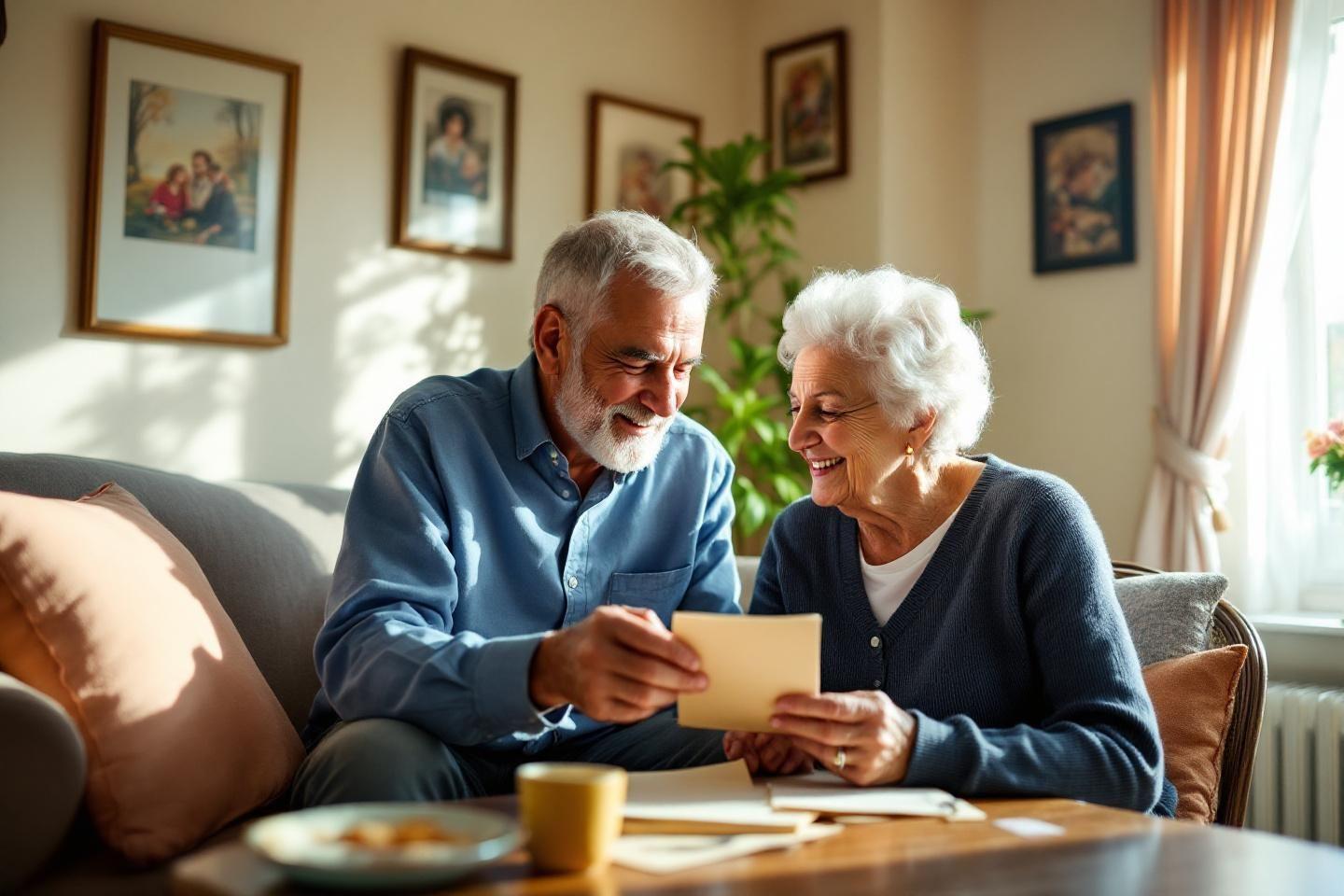 Personnes &acirc;g&eacute;es souriantes lisant ensemble un document &agrave; la maison