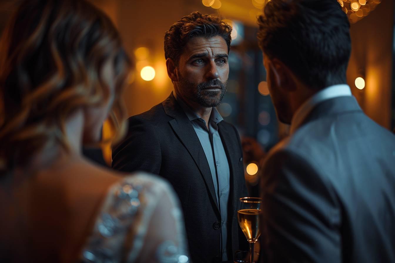 Un homme en costume sombre tenant un verre de champagne dans un cadre lumineux