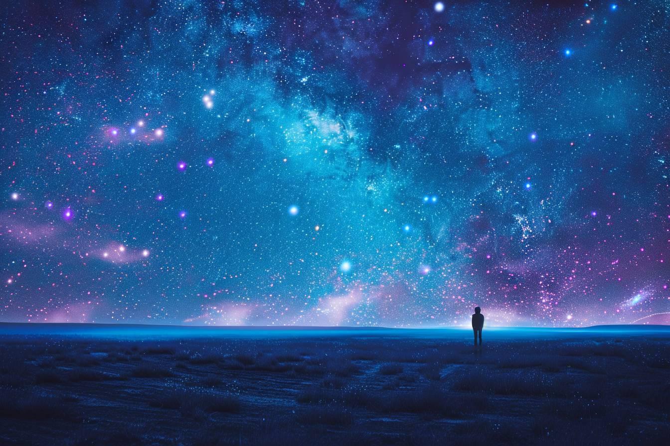 Silhouette de personne debout dans un paysage nocturne aux étoiles éclatantes