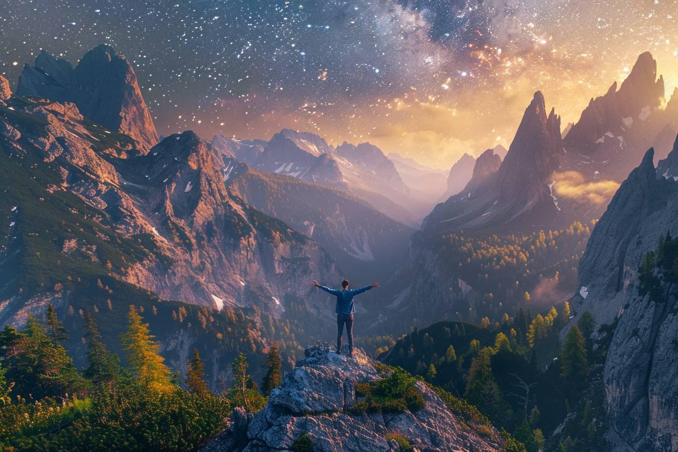 Un homme se tient sur un sommet, admirant le paysage nocturne.