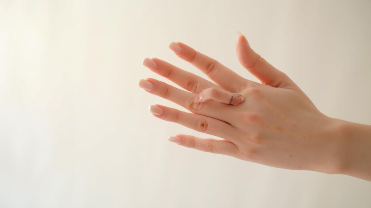 Gros plan sur des mains avec des ongles peints en rose pastel