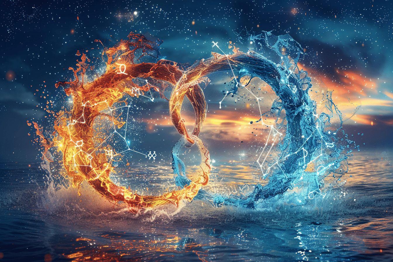 Représentation visuelle d'un choc entre le feu et l'eau, créant une impressionnante collision
