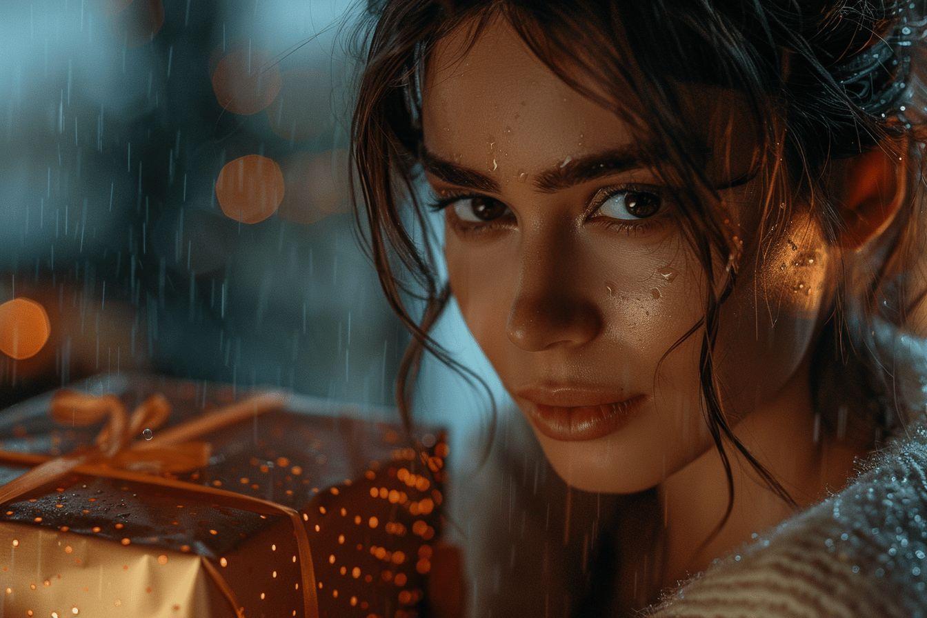 Portrait d'une femme contemplative dans la pluie, avec un regard intense.