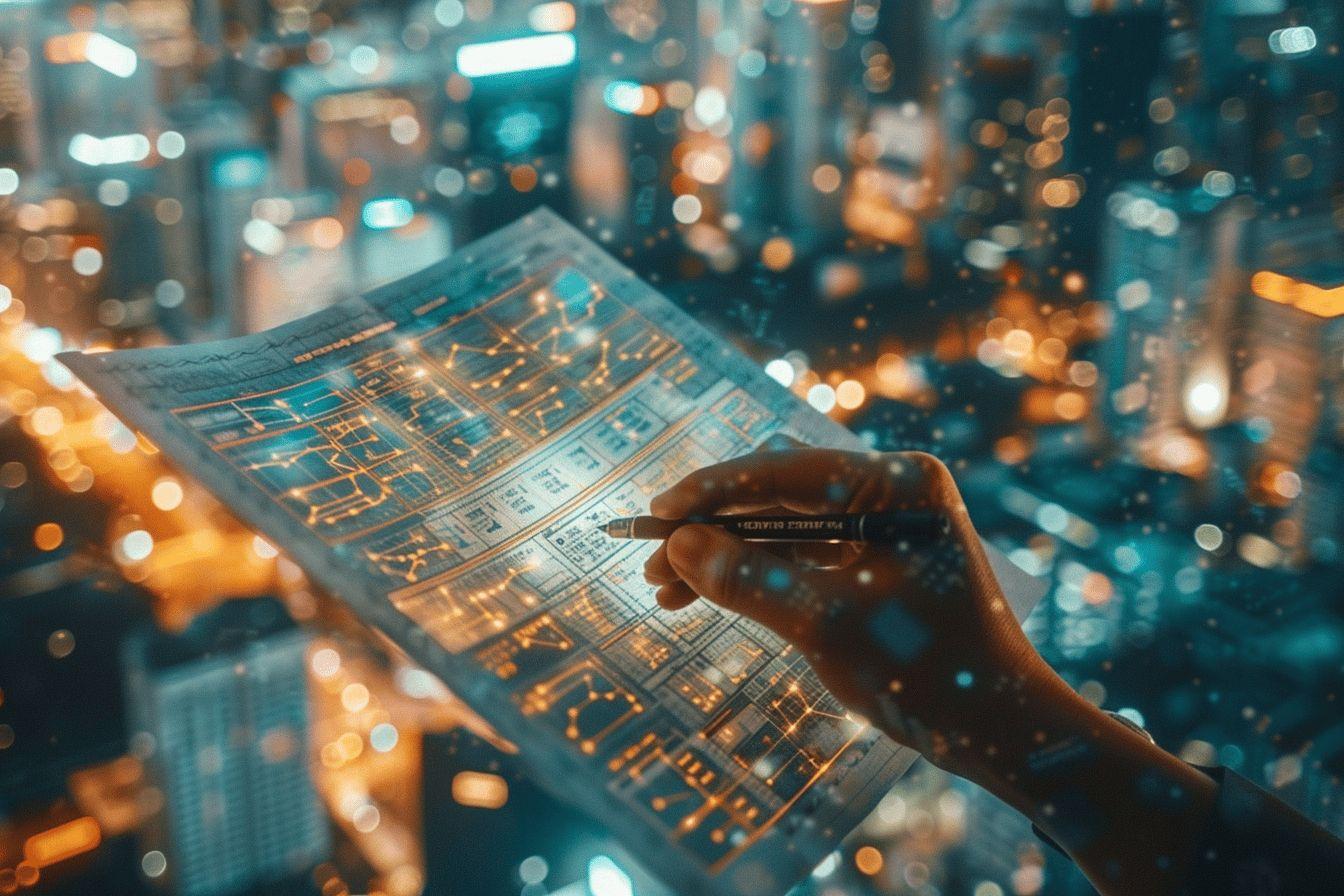 Une main tenant une carte de la ville illuminée de lumières colorées