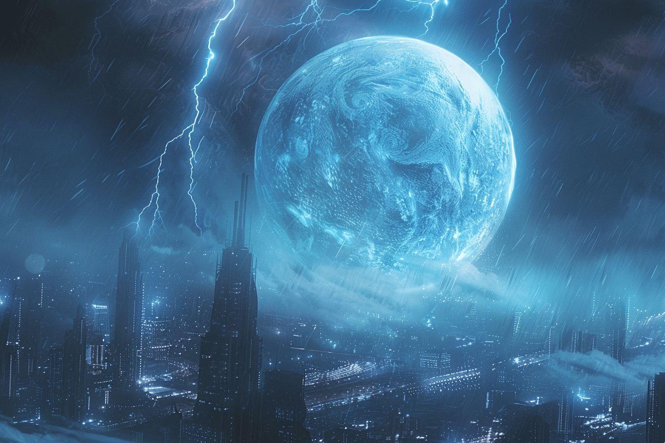 Une ville futuriste sous une lune géante et orageuse.