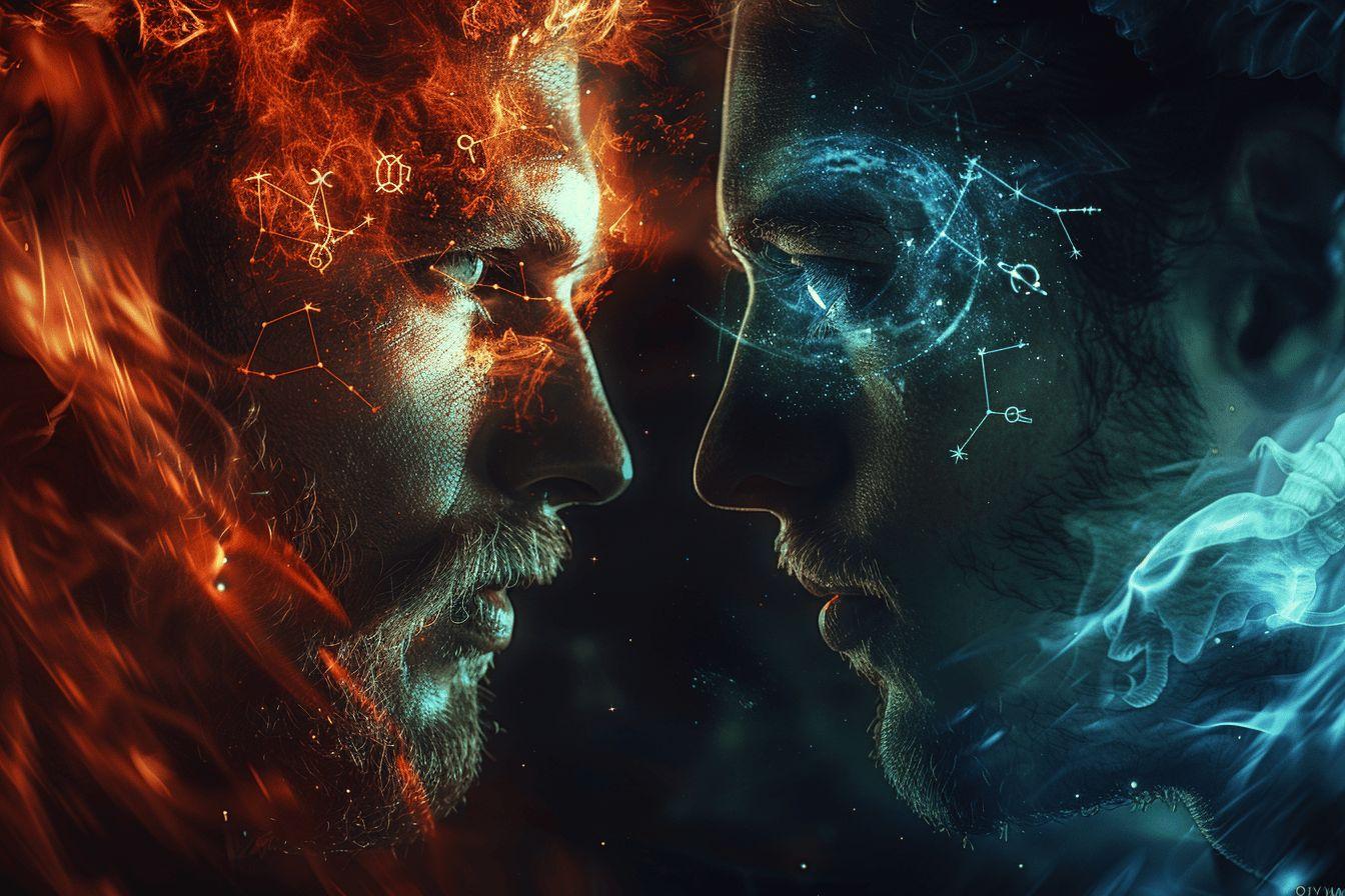 Deux visages en gros plan, l'un enflammé, l'autre céleste, en opposition.