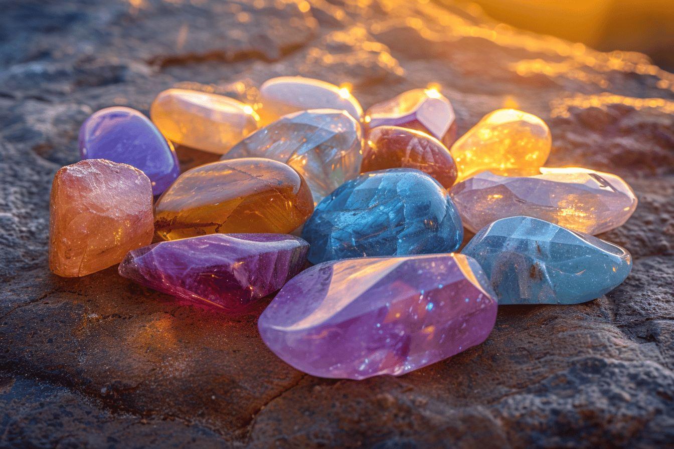 Gros plan sur des cristaux géologiques de diverses couleurs et formes