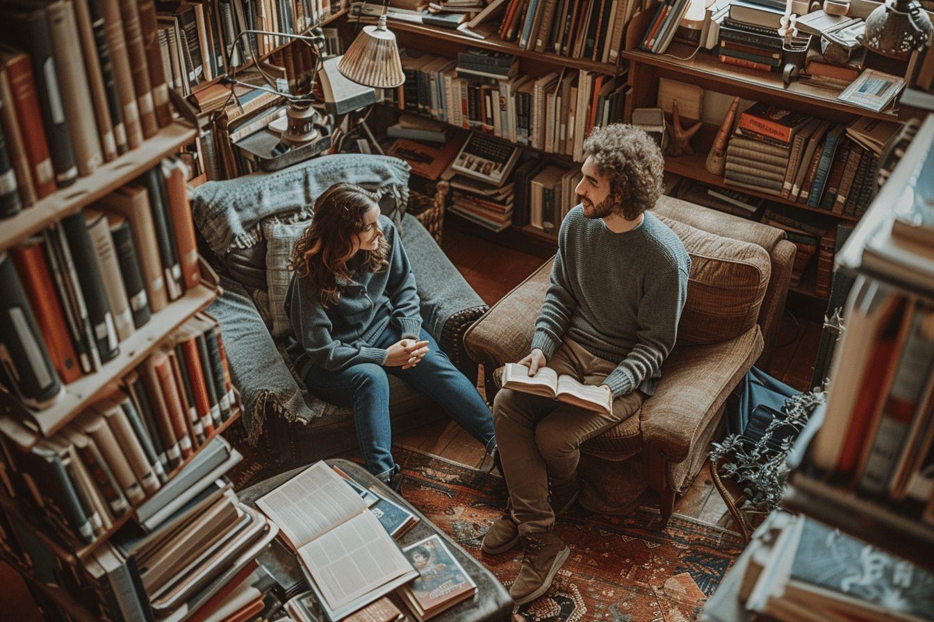 Couple en train de lire dans une bibliothèque remplie de livres