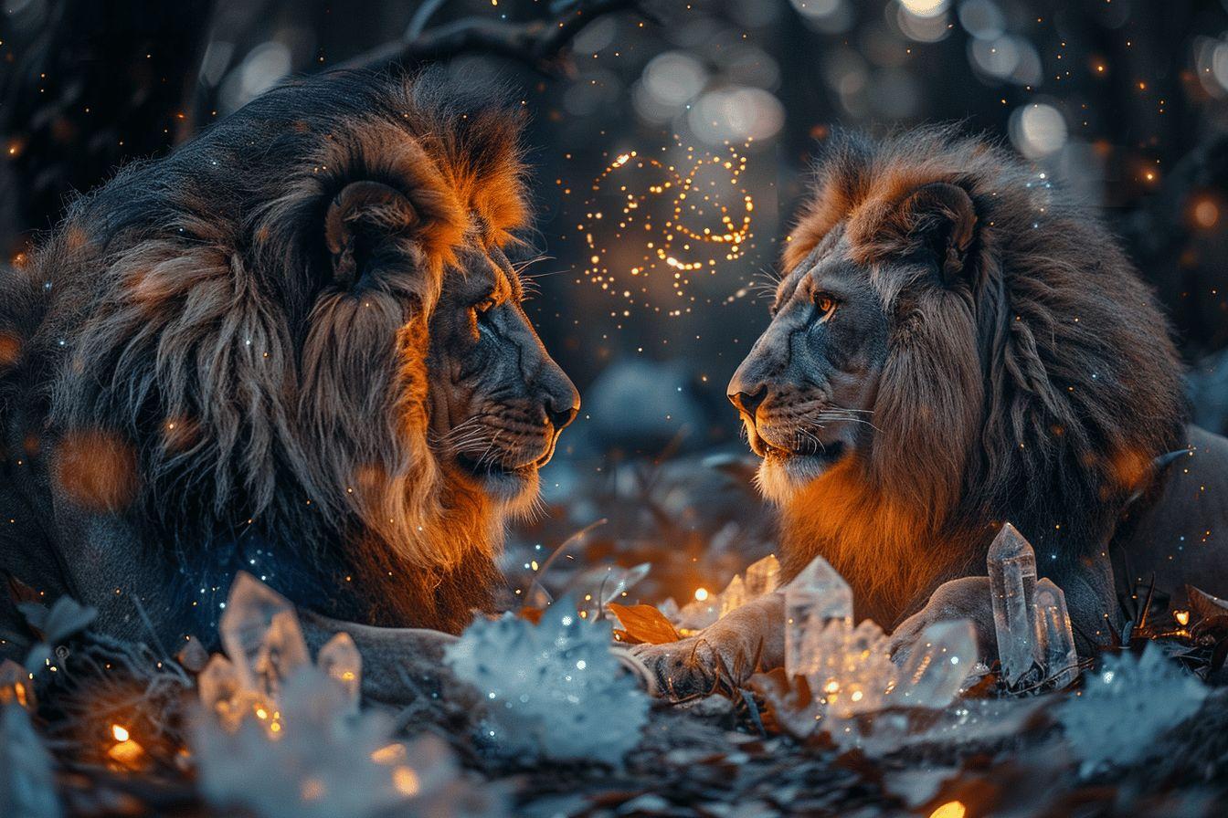 Deux lions majestueux face à face dans un décor enneigé et étincellant