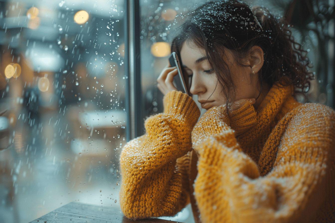 Jeune femme pensive contemplant la fenêtre couverte de neige
