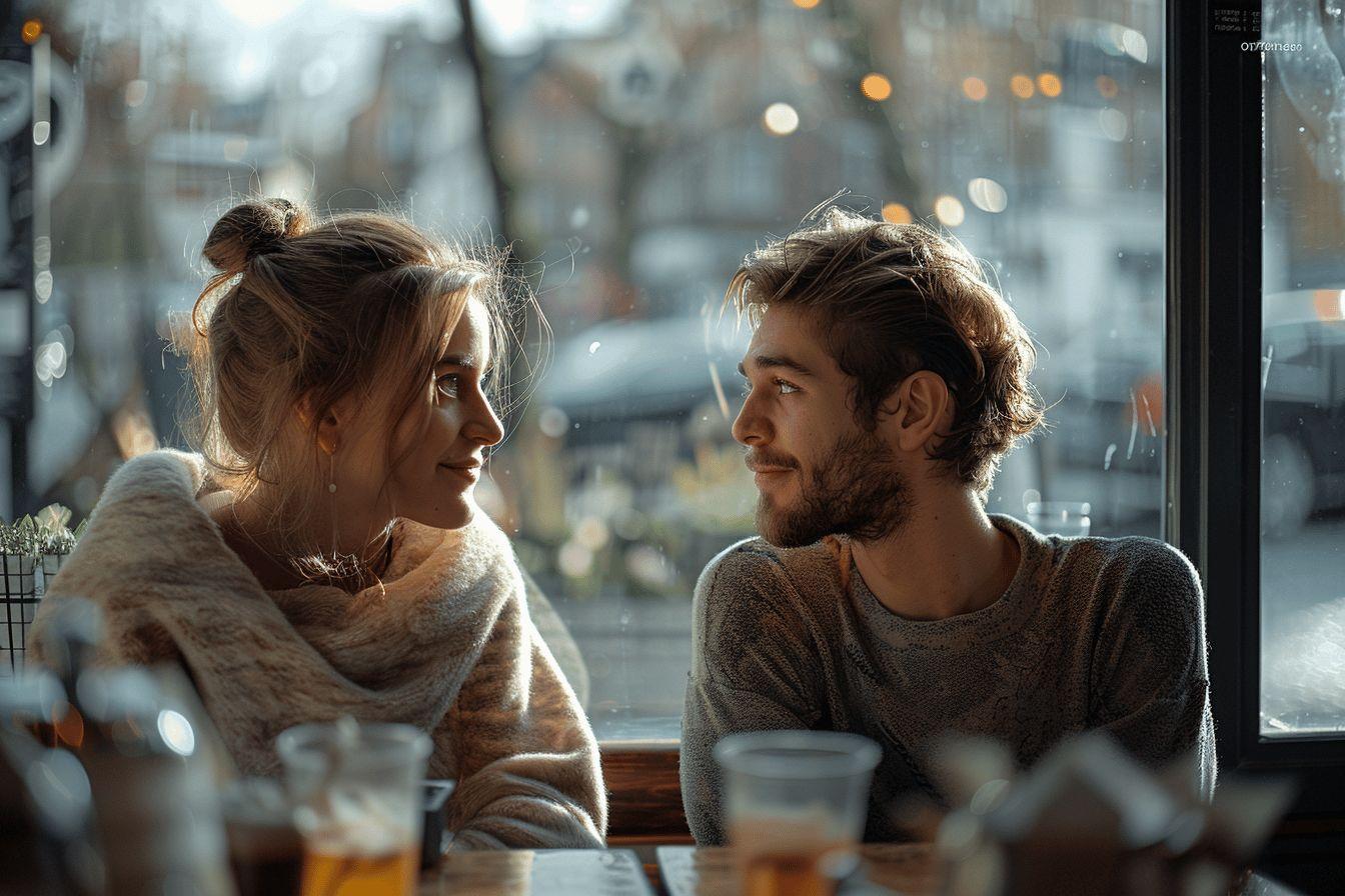 Un couple se regardant avec tendresse dans un café