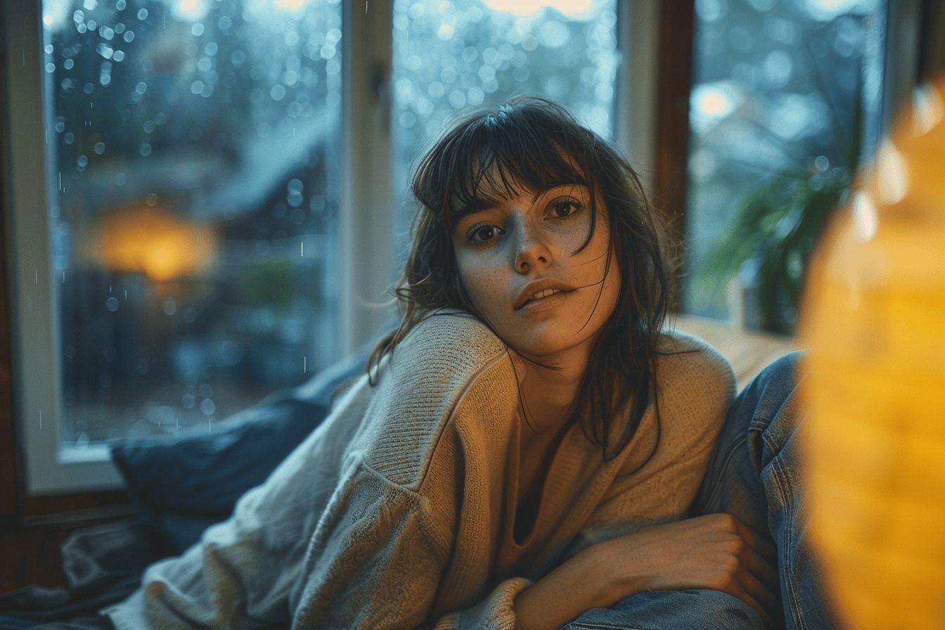 Portrait d'une femme pensive dans une fenêtre pluvieuse