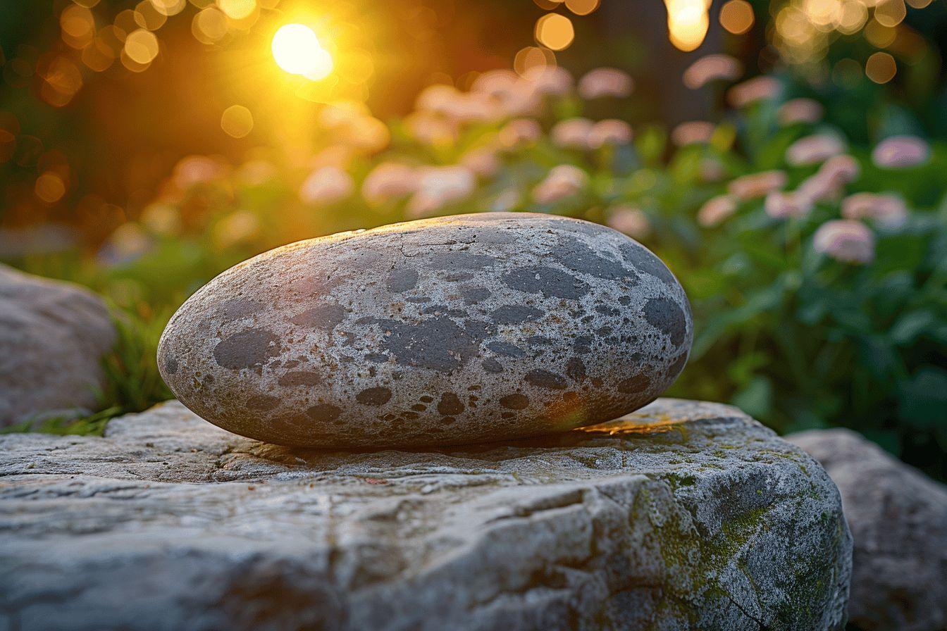 Roches dans un paysage naturel avec un coucher de soleil en arrière-plan.