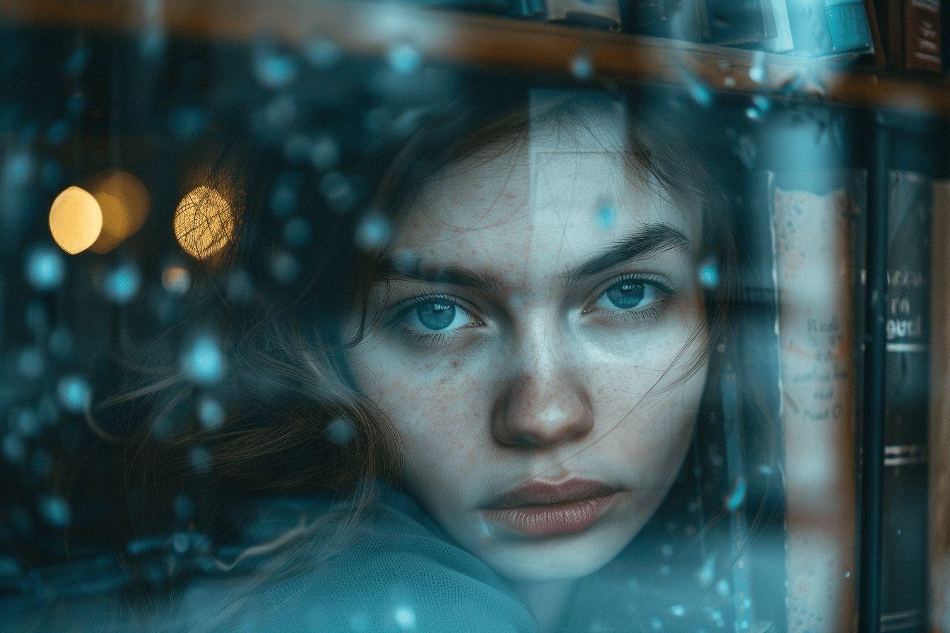 Une jeune femme aux yeux bleus et aux cheveux sombres, reflétée dans la fenêtre enneigée