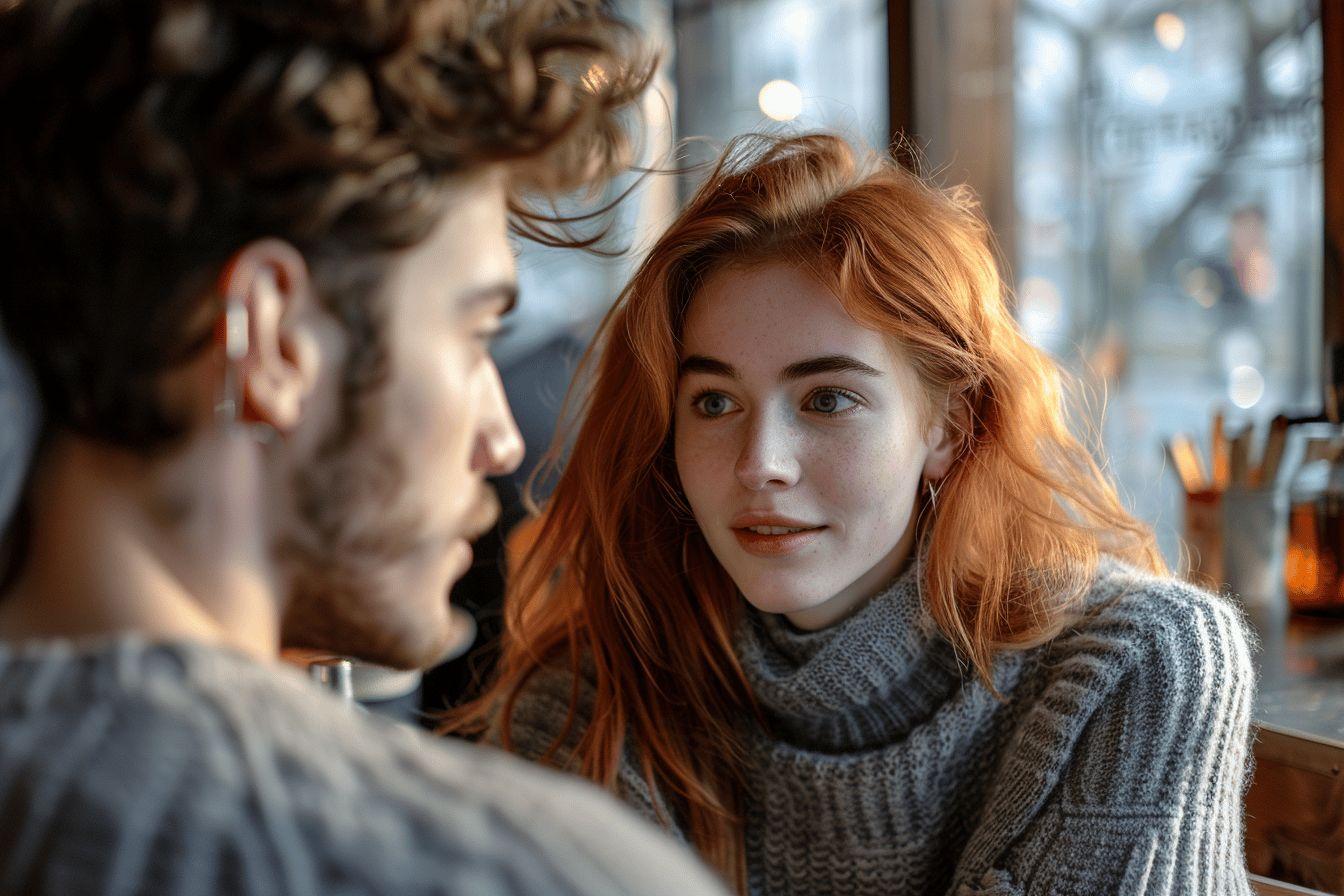 Gros plan sur un couple apaisé et connecté dans un café