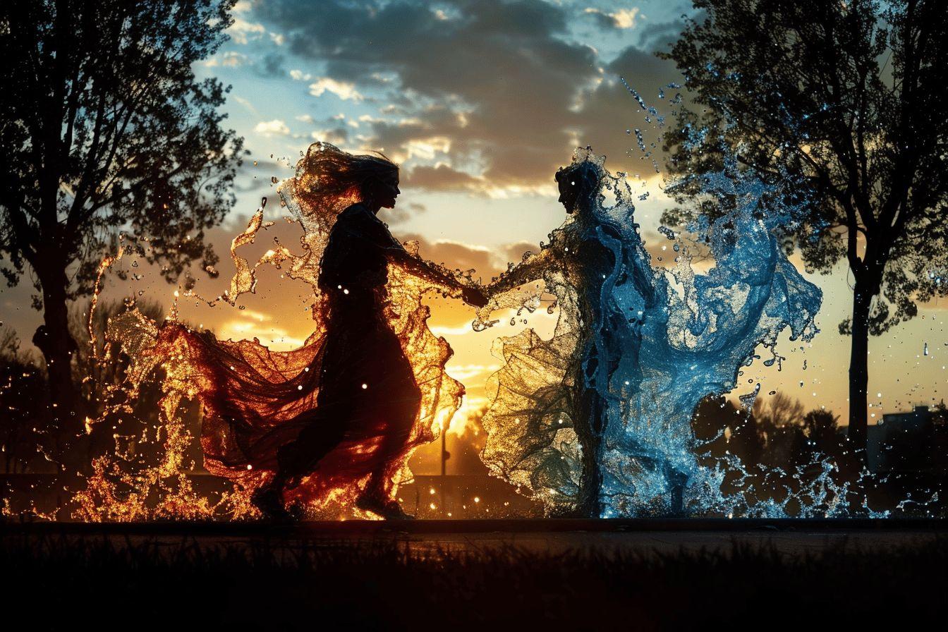 Silhouette d'une personne dansant dans la nature, entourée d'éléments de feu et d'eau.
