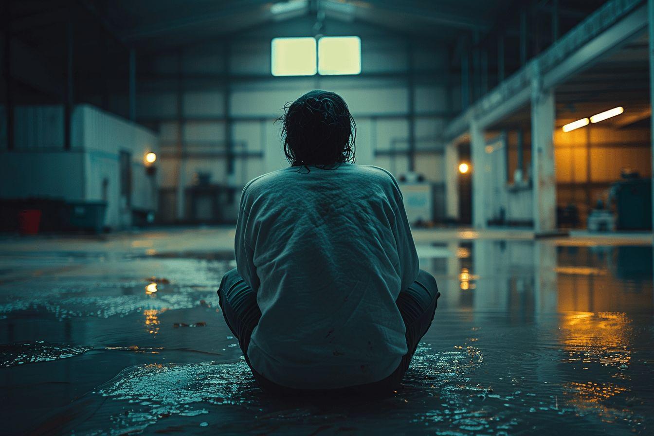 Silhouette d'une personne assise dans l'eau d'un lieu abandonné