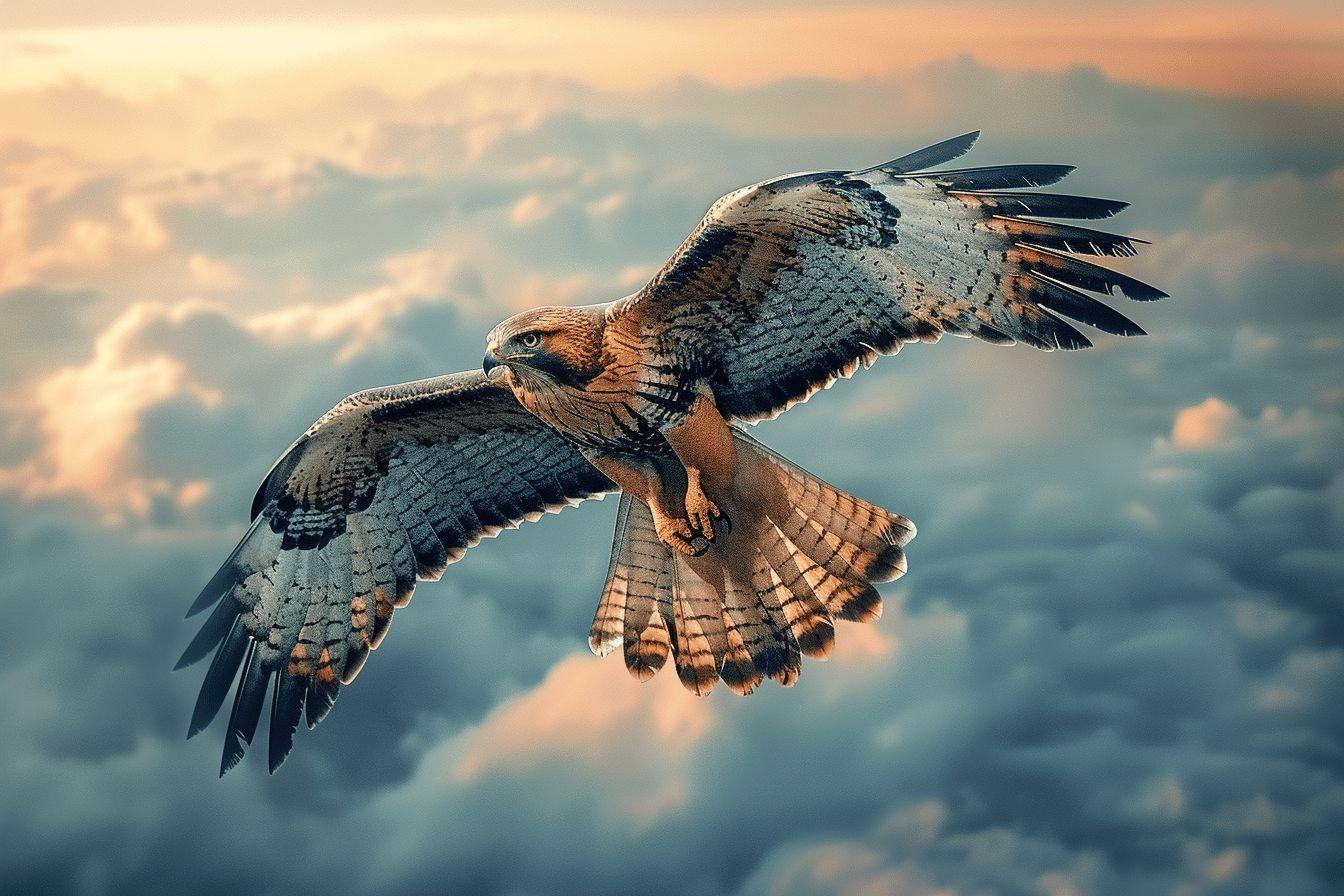 Rapace aux ailes déployées dans un ciel nuageux