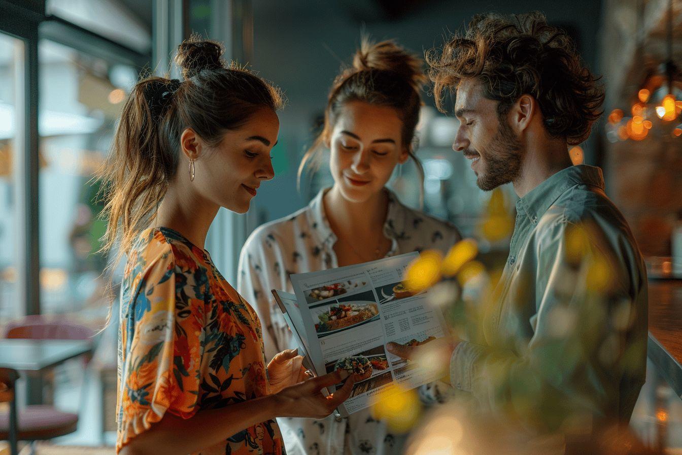 Trois personnes examinant un menu dans un café