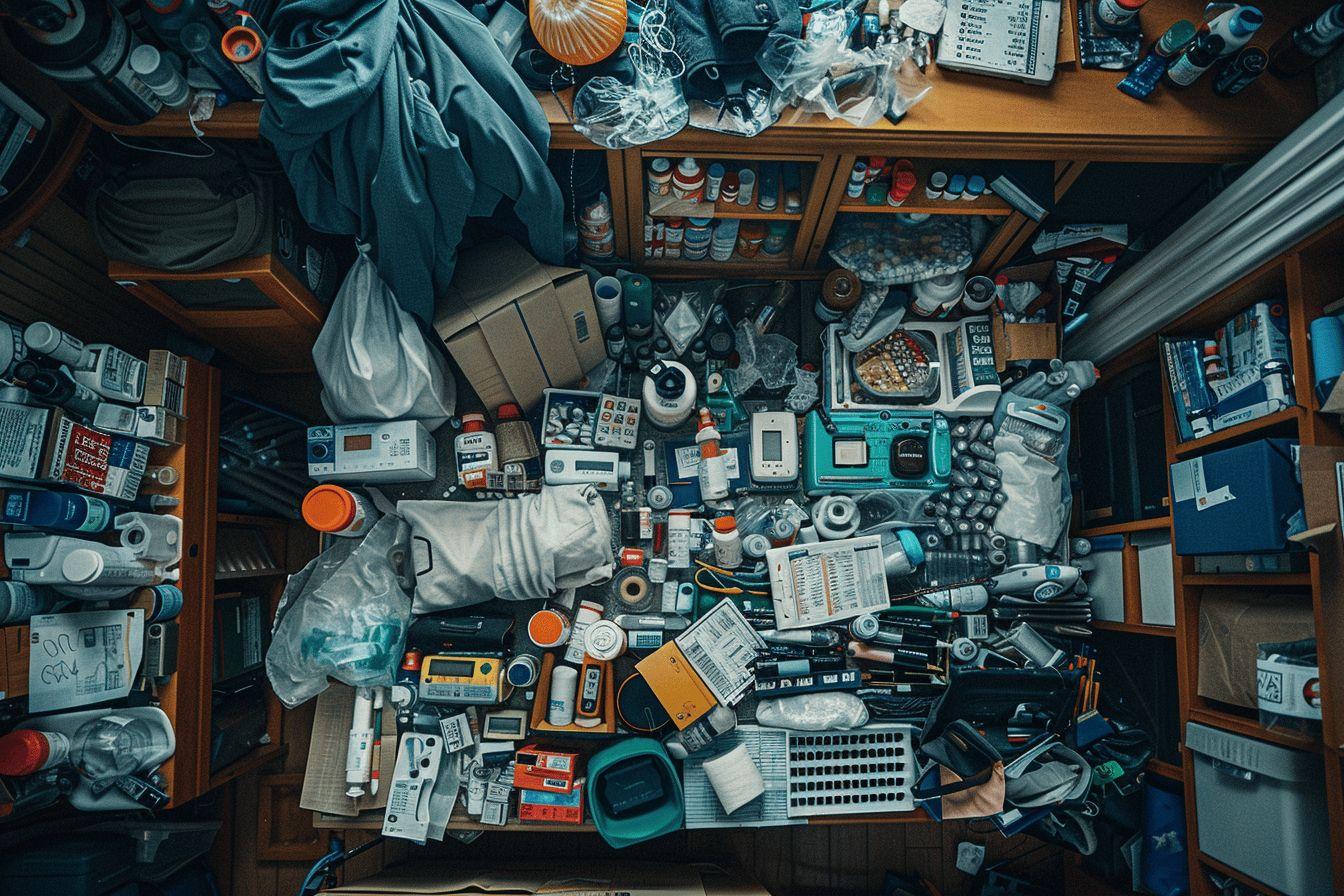 Étagères surchargées d'appareils, bouteilles et dispositifs électroniques