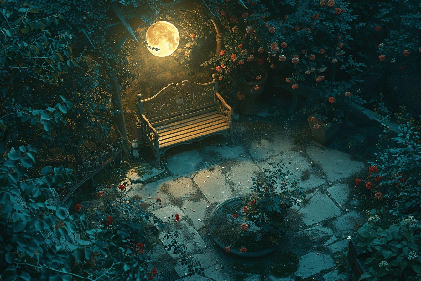 Banc vintage dans un jardin nocturne avec roses et lune dorée