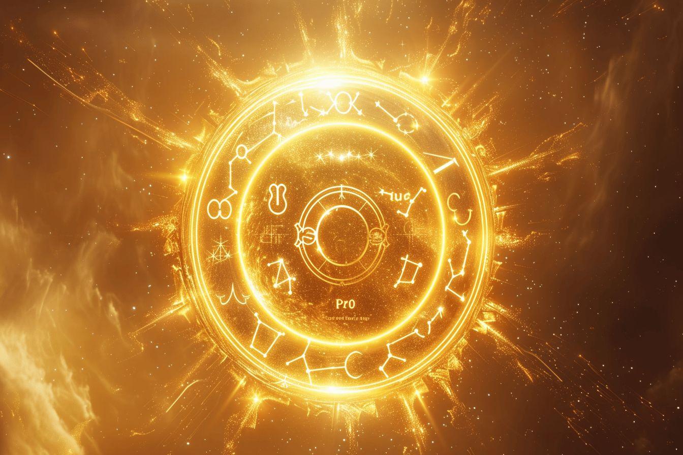 Symboles astrologiques dorés dans un cercle lumineux éclatant